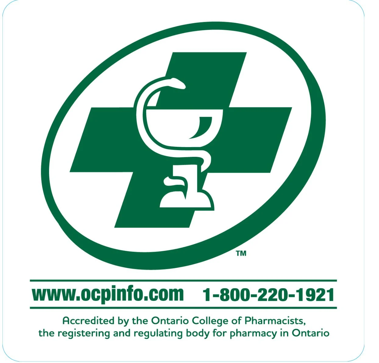 Certified pharmacy logo by Ontario College of Pharmacists with green cross emblem